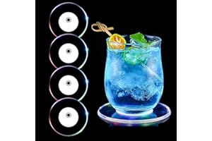 Aoreun sous-Verres à LED, Lot de 4 sous-Verres Rond colorés à LED pour Boissons, Bouton on/Off - Dessous de Verre en Acrylique étanche, pour fête Mariage Bar Noël