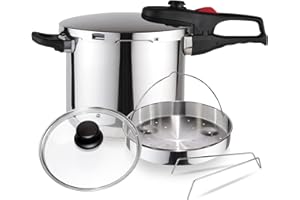 Magefesa PRACTIKA Plus - Pentola a pressione super veloce in acciaio inox, adatta per induzione, fondo termodiffusore, confezione con pentola, cestello e coperchio in vetr