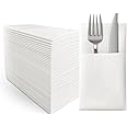 JINYUDOME White Napkins,Linen-Feel Wedding Napkins with Built-in Flatware Pocket (White50)