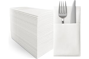 JINYUDOME White Napkins,Linen-Feel Wedding Napkins with Built-in Flatware Pocket (White50)