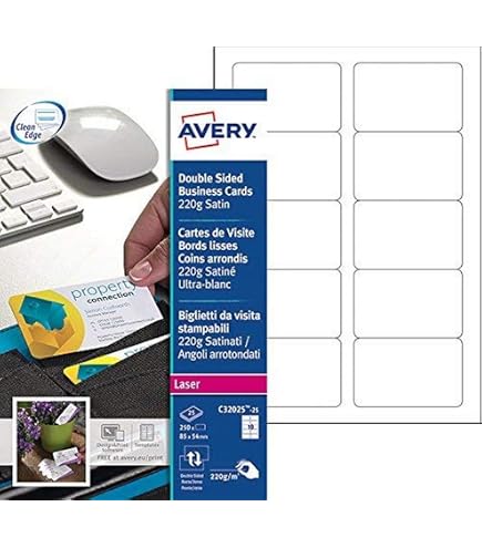 Avery Biglietti Da Visita Lucidi Inkjet – 8 Per Foglio, Confezione Da 10 Fogli (80 Biglietti), Bianco 235 G/m²