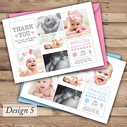 Baby Thank You Cards, Personalised, Birth Announcement, Girl or Boy (5. Design 5, 50)