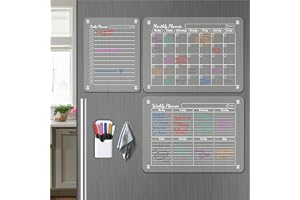 ESSEN 3 Magnetic Acrylic Planners - Monthly, Weekly, Daily Family Planner Set - Clear Calendars for Fridge With 8 Chalk Markers, Holder, Towel Eraser for Home Office