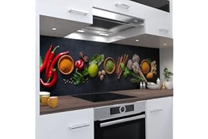 ‎ONEWHEEL OneWheel, selbstklebende Küchenrückwand, 400x60 cm harte PVC Folie, Wandtattoo für Fliesenspiegel Design Gewürze grau, Motiv: Gewürze