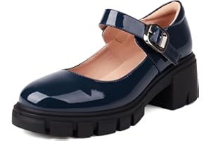XIEWANG Damen Plateau Mary Jane Schuhe Runde Zehe Mid Chunky Heel Schwarz Schulschuhe