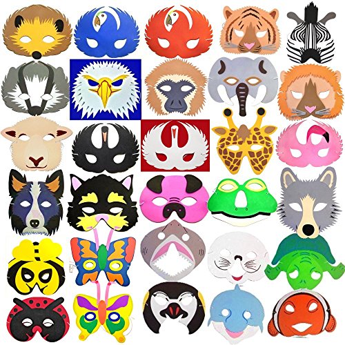 Trend 30 x Kinder-Schaumstoff-Masken, Tierdesign, Tiere aus Regenwald, Meer, vom Bauernhof, Insekten & mehr