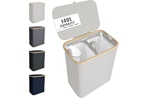 NOSTHEART 140L Cesto Portabiancheria con Coperchio, Cesta Portapanni con 2 Scomparti con Manici Laterali in Bambù, Cesto Biancheria Sporca Salvaspazio e Pieghevole, XL