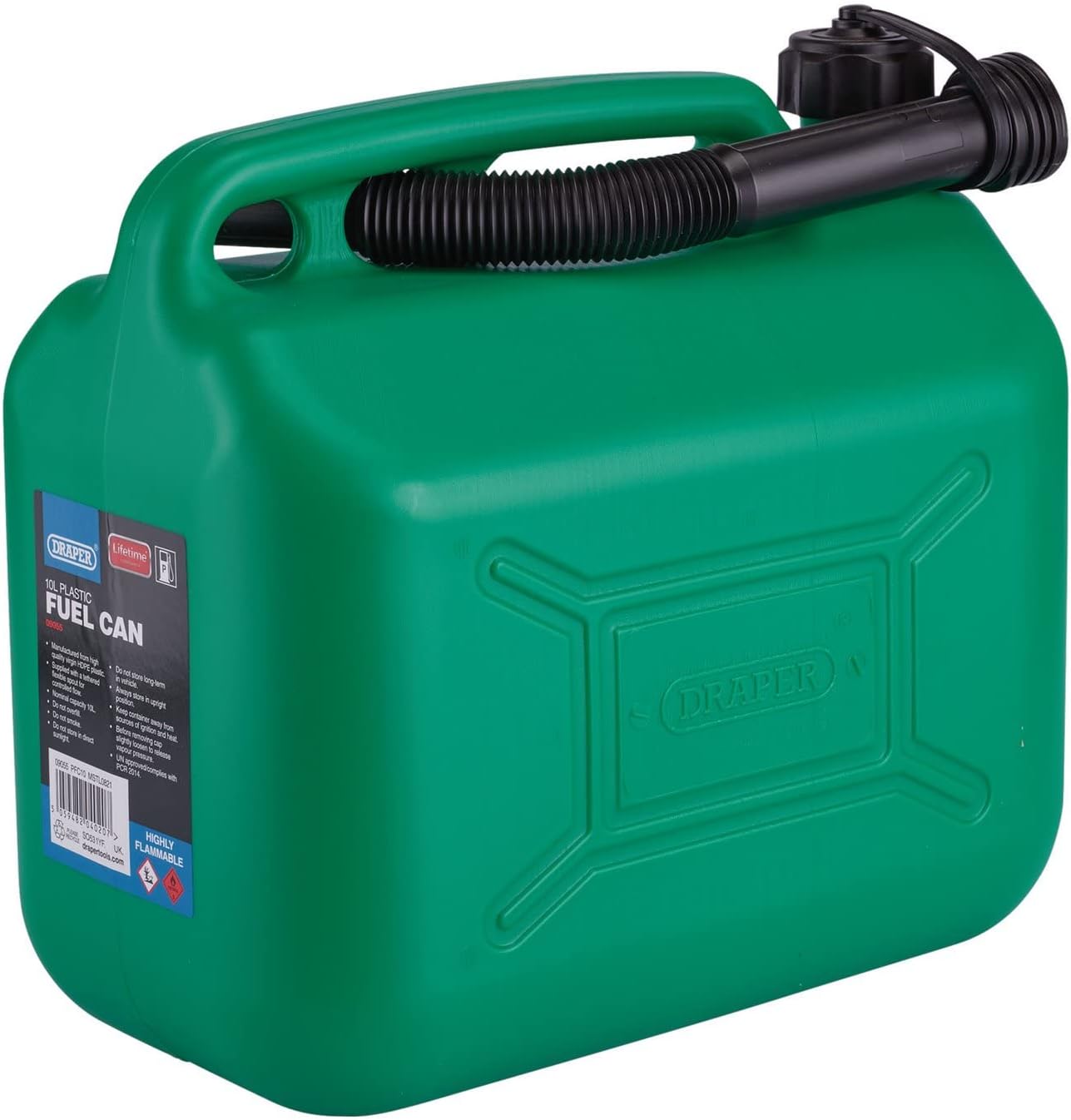 Draper 10L Plastic Petrol Can | Jerry Fuel Diesel Can | 10000cc Water Container | 20mm Flexible Spout Diameter | 290mm Spout Length | 09055, Green
