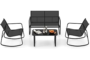 COSTWAY 4-częściowy zestaw mebli ogrodowych, meble tarasowe z delikatnym ruchem kołysania, zestaw wypoczynkowy dla 4 osób, zestaw mebli ogrodowych z 2 krzesłami, ławką i stołem, do ogrodu, na taras,