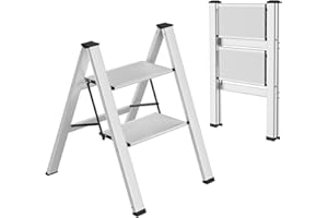 ‎TLGREEN TLGREEN Alu Trittleiter 2-Stufen-Leiter Klappleiter Rostfeste rutschfeste Stehleiter Haushaltsleiter Multifunktionale Tritthocker Licht Platzsparend bis 150kg Belastbar für Küchen Haushalt Außen Büro