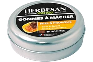 HERBESAN®- GOMMES MIEL & PROPOLIS - Confort de la gorge - Fabrication française - Boîte métal - 45 gommes à mâcher
