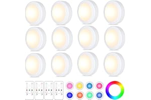 Yiliaw 12er-Pack LED Puck-Lichter mit Fernbedienung,16 Farbwechsel Unterbauleuchten,Batteriebetriebene Nachtlichter mit Dimmer & Timer für Schrank,Schlafzimmer und Küche,Weiß