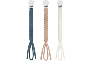 Yolnkos Attache Sucette Garçons Filles Coton Soothie Tétine Clips Tressé Porte Accroche Chaîne Cadeau de Douche de Bébé 3pcs(Bleu Jean,Chameau,Blanc)