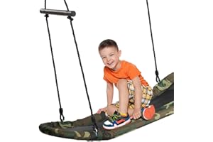 COSTWAY Kids Nest Swing, Hanging Platform Boat Surfing Tree Swings with Handles and Soft Padded Edge, Square Swing Seat for Garden Playground (Army Green)