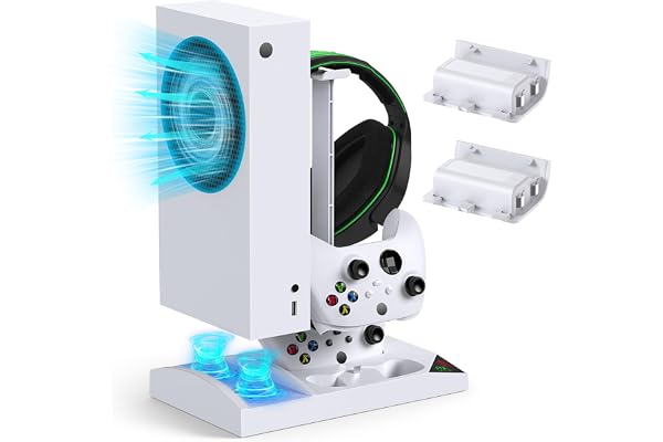 Support de Chargeur avec Ventilateur de Refroidissement pour Xbox Series S Console & Manette,Station d'accueil Verticale avec 2 x 1400mAh Batterie Rechargeable & Couvercle (Blanc)