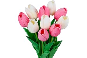 VaryFloral 10 Pezzi Tulipani Finti Rosa e Bianco Fiori Finti per Decorazioni Realistico Bouquet Fiori Finti Gambo Lungo Mazzo di Fiori Realistico Tulipani in lattice per Festa Casa Decorazione Sposa