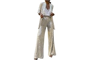 MIOYGOCQ Conjunto de 2 piezas de lentejuelas brillantes para mujer, blazer de manga larga y pantalones de cintura alta, elegante conjunto de fiesta de noche