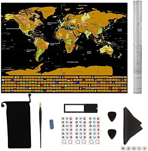 Rubbel World Map Scratch XXL Deluxe Premium 2018 Educational Scratch Off Map Large Educational Map, Planisphere, 82x59 cm Scratch and Countries Flags – Perfect Gift for Children and Travellers – by naoly