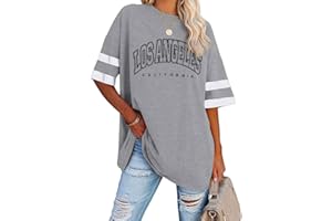 Tomwell Damen Los Angeles Brief T-Shirt mit V-Ausschnitt Kurzarm Sport Sommer Rundhals Oversized Oberteile Drucken Sweatshirt Lose Bluse Tunika Lang für Teen Girls Top
