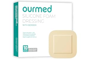 Ourmed Lot de 10 pansements en mousse de silicone avec bordure adhésive – Bandage imperméable très absorbant pour le soin des plaies, ulcère diabétique du pied, ulcère de jambe, 7,6 x 7,6 cm, éligible