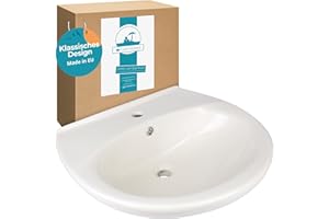 ‎CALMWATERS Calmwaters® Ovales Waschbecken in Pergamon, aus hochwertiger Sanitär-Keramik mit Hahnloch und Überlauf zur Wandmontage, ovaler Hänge-Waschtisch, 60 x 50 cm groß, 05AB2299