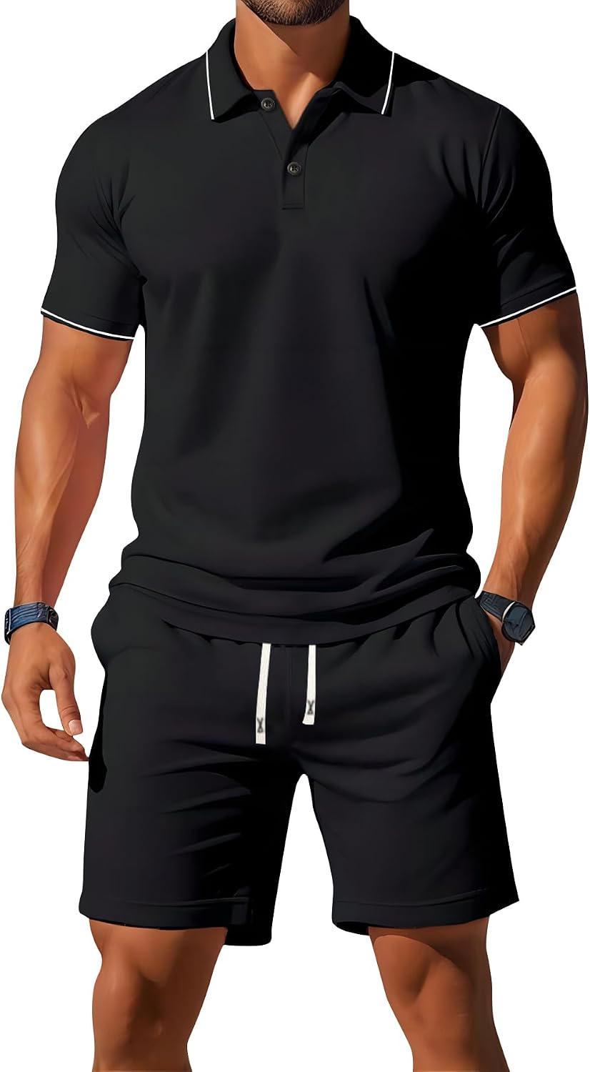 Conjunto de 2 piezas de polo corto de verano para hombre, a la moda, casual, vacaciones, playa, deportes, atletismo, correr, negocios