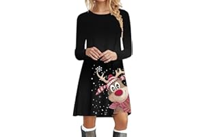 KANPOLA DAMEN SWEATSHIRTS Kanpola Weihnachtskleid Damen Langarm Pullover Kleid Herbst Winter Rundhals Minikleid Rentier Druck Weihnachten Kleider Elegant Oberteile