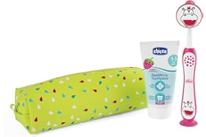 Chicco Set Spazzolino e Dentifricio per Bambini, Con Pratico Astuccio, Set Comprende Dentifricio Al Gusto Fragola e Spazzolino con Setole Morbide e Ventosa, Set da Viaggio, 3-6 Anni, Rosso