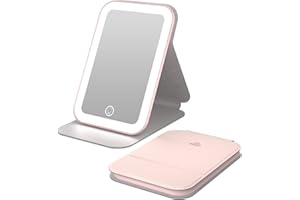 ‎KINTION Kintion 16 x 10,8 cm Kosmetikspiegel mit Beleuchtung, Wiederaufladbarer Reisespiegel mit Licht, Dimmbar 3 Farblichter Touchscreen Reisespiegel Klappbar, für Geschenk Frauen, Zuhause Reise, Rosa