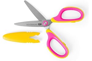 PRACTICDOMUS Tijeras SDI Small Hands para Diestros y Zurdos con Cubierta Protectora Personalizable, Puntas Redondas y Mango de Seguridad. Color Amarillo y Rosa