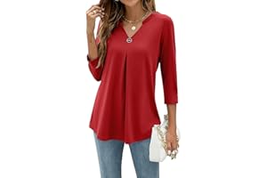 YloveM Bluzka 3/4 Rękaw Bluzki Damskie Dekolt w serek Jednolity kolor Casual Top Eleganckie Luźne Koszule T Shirt