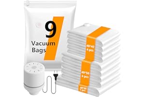LOVPIS Sac Sous Vide Vetement Aspirateur avec Pompe Electrique, 9 Pièces Sacs de Rangement Sous Vide (4*40*40cm, 4*40*50cm, 1*40*60cm), Housse Vêtement Aspirateur pour Literie,Vêtements,Matelas,Couettes
