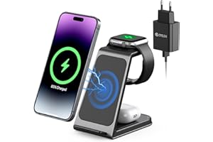 AOWIN Ladestation für Apple Watch und iPhone, 3 in 1 Wireless Charger Induktive Ladestation/Kabelloses Ladegerät für iPhone 16 15 14 13 12 MagSafe Gerät Serie/Samsung Apple Watch/AirPods Pro Serie (Schwarz)