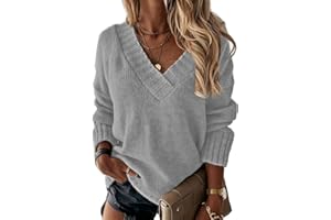 Minetom Femme Pull en Tricot Col en V Pullover Couleur Unie Léger Casual Manches Longues Pull Tricoté Chaud Hauts Chandail Automne Hiver