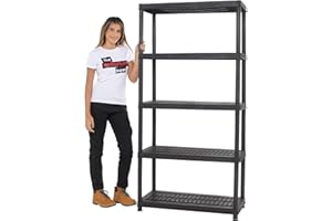The Workplace Depot Heavy-Duty 5-Tier Plastic Shelving Unit, 65kg Per Shelf, Non-Rusting Black, Tool-Free, Indoor Outdoor Storage for Garage & Workshop (5 Shelf (1840mm))