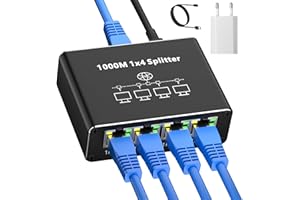 AOUZEA Switch RJ45 4 Ports 1000 Mbps Switch Ethernet, 1 a 4 Hub Ethernet Network Splitter Con Cable de Alimentación USB-C y Enchufe para Ordenadores, Conmutadores, Descodificadores, Televisores