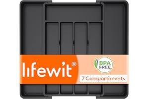 Lifewit Range-couverts pour tiroirs, porte-couverts et range-ustensiles, profondeur 35 cm, extensible jusqu'à 41 cm, en plastique, organisateur de cuisine, pour cuillères/fourchettes, noir