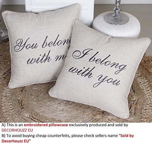 DecorHouzz EU I belong you belong cushion cover Pillow cover Set of 2 Embroidered Slip Cover Throw Pillowcase Decorative Pillowcase love Wedding Couple Anniversary Gift (40CMX40CM, Linen)