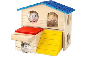 ANCLLO Mascotas de madera para animales pequeños Hideout Hamster House Deluxe dos capas Cabaña de madera