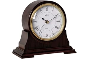 MPM Quality Retro Dark Wood Tischuhr, Dunkles Holz, Traditionelle Elegante Holztischuhr, Römischen Ziffern, Präziser Quarz-Schrittmotor, schöne Wanddekoration für Wohnzimmer, Küche oder Büro
