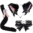 PALAY® Cat Ears Headband for Women Girls - Furry Fox Ears Hair Band, Lace Neck Choker & Fur Tail Set, Bow Bells Headwear Hair Hoop Anime Cosplay Costumes for Halloween Party