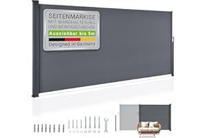 Juskys Store latéral 160 x 500 cm Extensible et Opaque, Brise-Vue pour Balcon, terrasse et Jardin, Auvent latéral avec Support Mural, Protection Solaire en Acier & Tissu Impermeable - Gris foncé