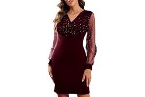 Joligiao Vestido de Fiesta Mujer Elegante Vestido de Invierno Cuello en V Vestidos de Lentejuelas Moda Sexy Vestidos de Fiesta Manga Larga Dress Corto para Mujer Invierno de Cóctel