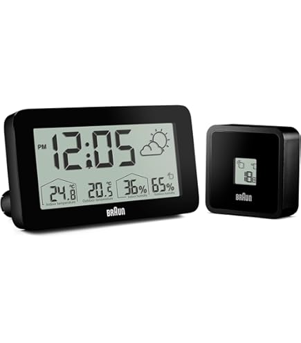 Braun Digitale weerstationsradioklok voor de Midden-Europese tijdzone (DCF) met weergave van binnen- en buitentemperatuur, luchtvochtigheid, weersvoorspelling, alarmpieptoon in zwart, model BC13BP-DCF