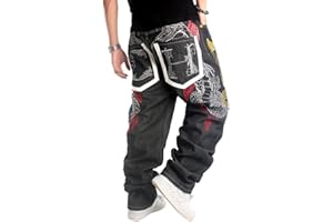 ORANDESIGNE Homme Hip Hop Jeans Style Hipster Graffitis Impression Baggy Jeans Urbain Skate Denim Pantalons Lâche Fit Jambe Droite Cargo Pantalon Rétro Broderie Pantalon