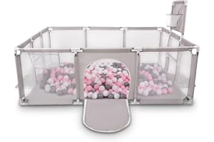 Selonis Parc Bébé Avec 200 Balles Plastiques Aire De Jeu Pliable Basket Football, Gris: Blanc/Gris/Rose Poudré