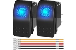 MKBKLLJY 2Pcs Marine Rocker Switch 12V Lighted Rocker Toggle Switch Blue LED Light Illuminated 3Pin SPST 2Position ON/Off Waterproof with Locked Terminal Wires for Boat UTV RZR ATV Car Automotive