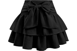 Timormode Women's Girls Bow Mini Skirt Flowy High Waisted Ruffle Hem Short Skirts Cute Boho A-Line Layered Skater Skirt
