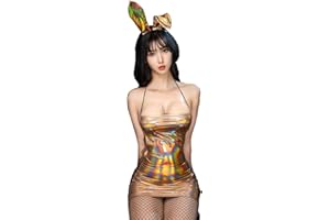 SNOMYRS Seksowny kostium króliczka, błyszczący, holograficzny lateks, body dla dorosłych, na Halloween, kostium królika, zestaw bielizny cosplay