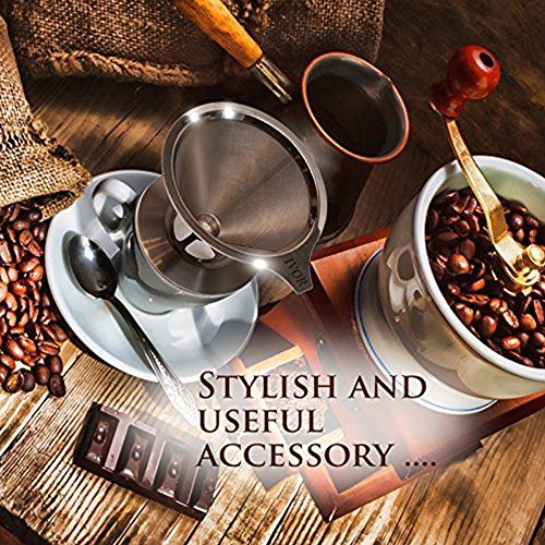 BoRui Edelstahl Kaffeefilter,Handfilter wiederverwendbare Kaffee Filter Double Layer Mesh Kaffee Dripper mit Cup Stand (Silber) - 8